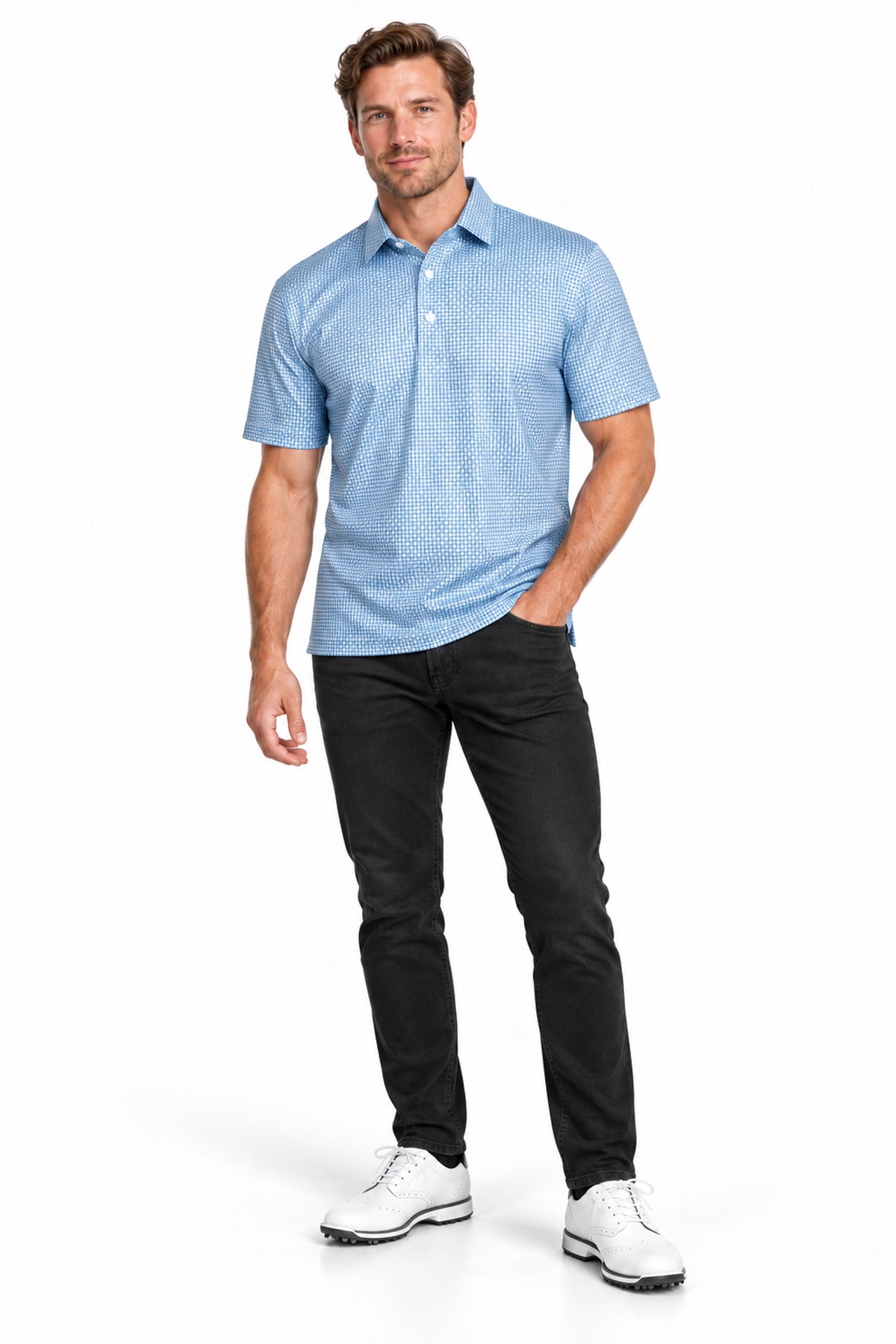 Mens Executive Collar Mist Shadow Gingham Golf Polo Shirt