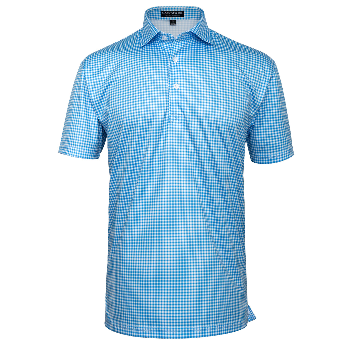 Mens Executive Collar Sky Micro Gingham Golf Polo Shirt
