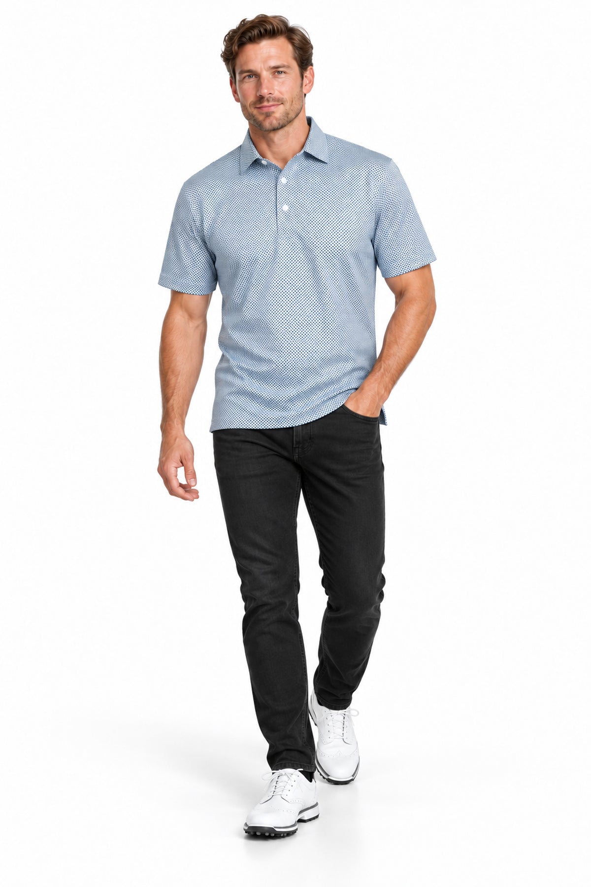 Mens Executive Collar Navy Pin Houndstooth Golf Polo Shirt