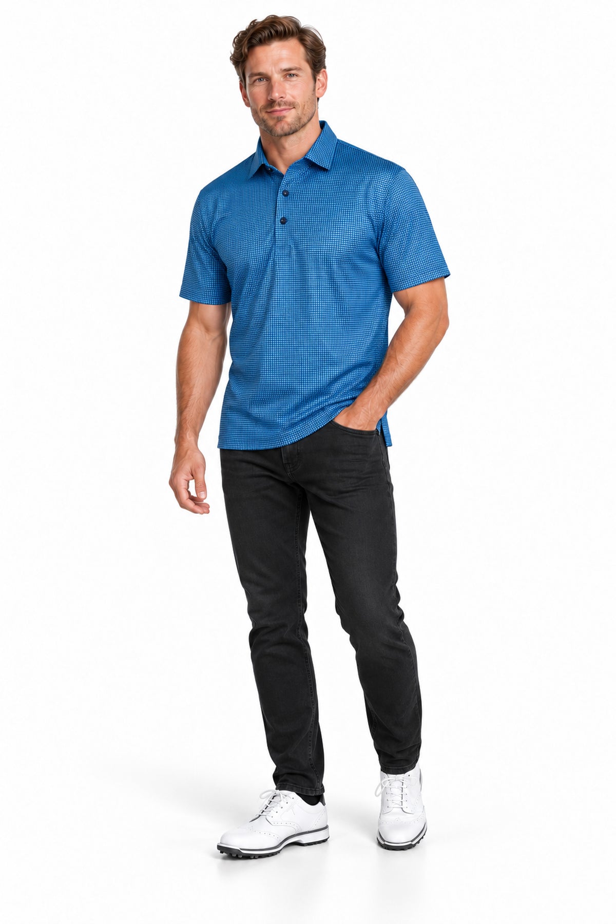Men's Executive Collar Navy Micro Houndstooth Golf Polo Shirt