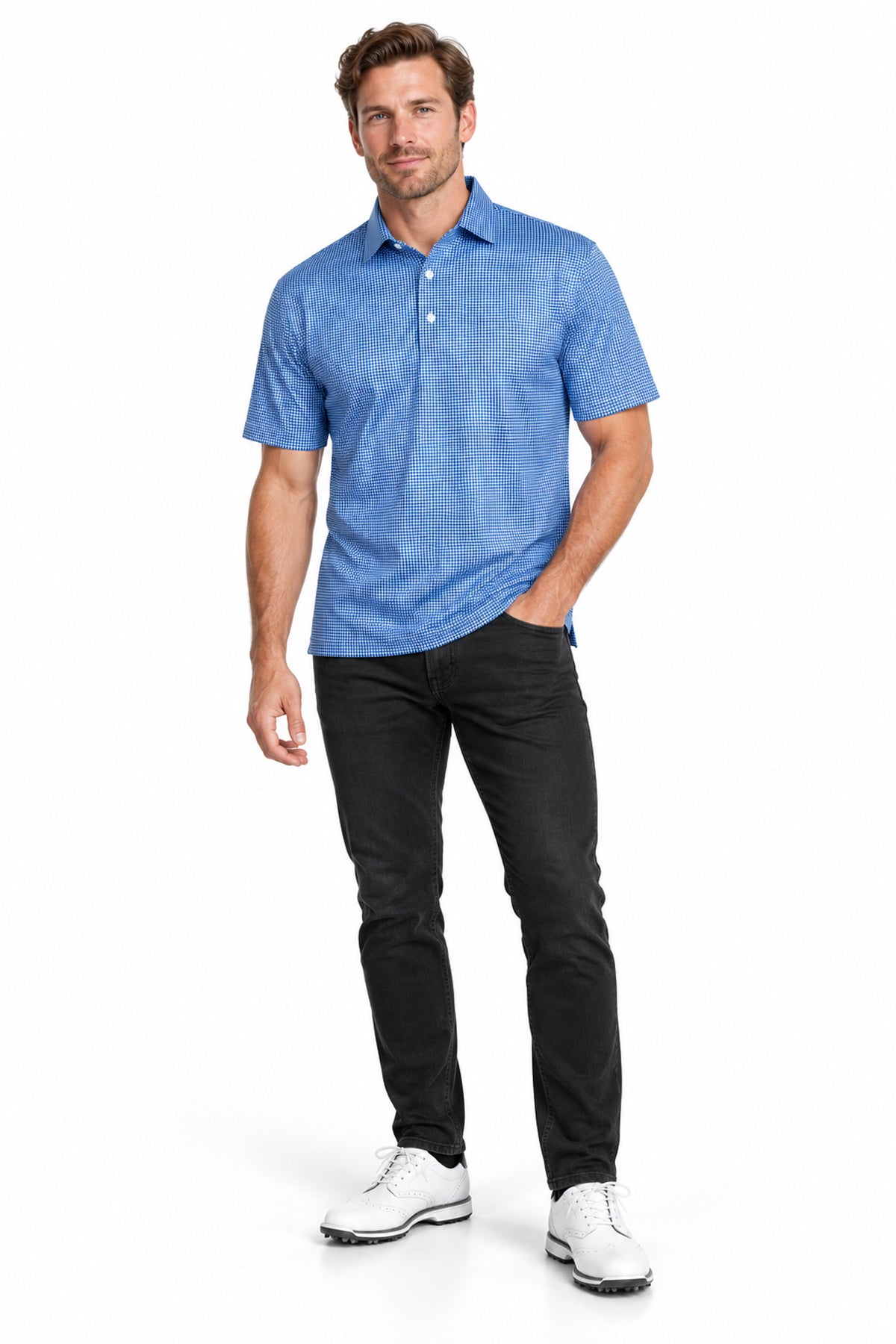 Mens Executive Collar Navy Pin Gingham Golf Polo Shirt