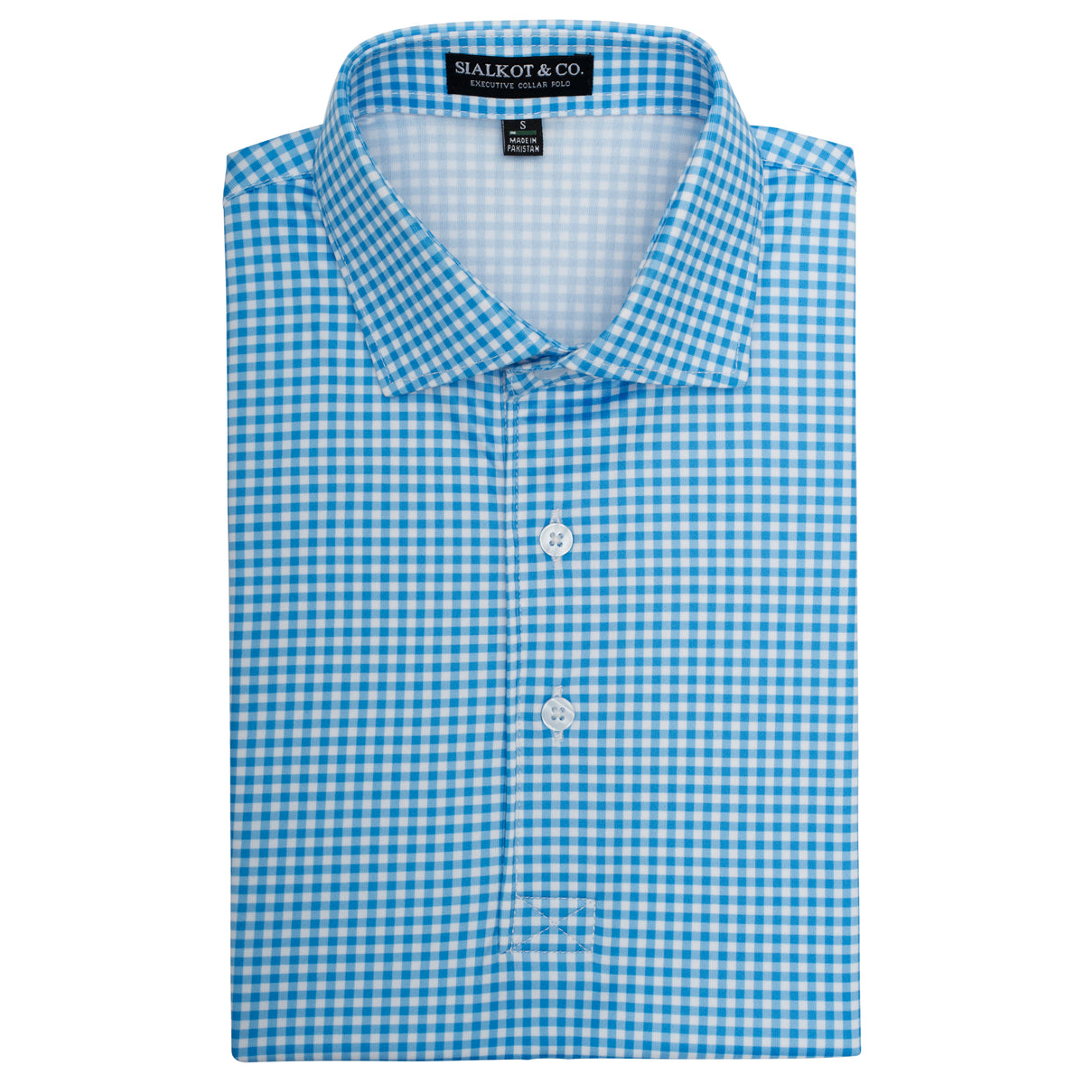 Mens Executive Collar Sky Micro Gingham Golf Polo Shirt