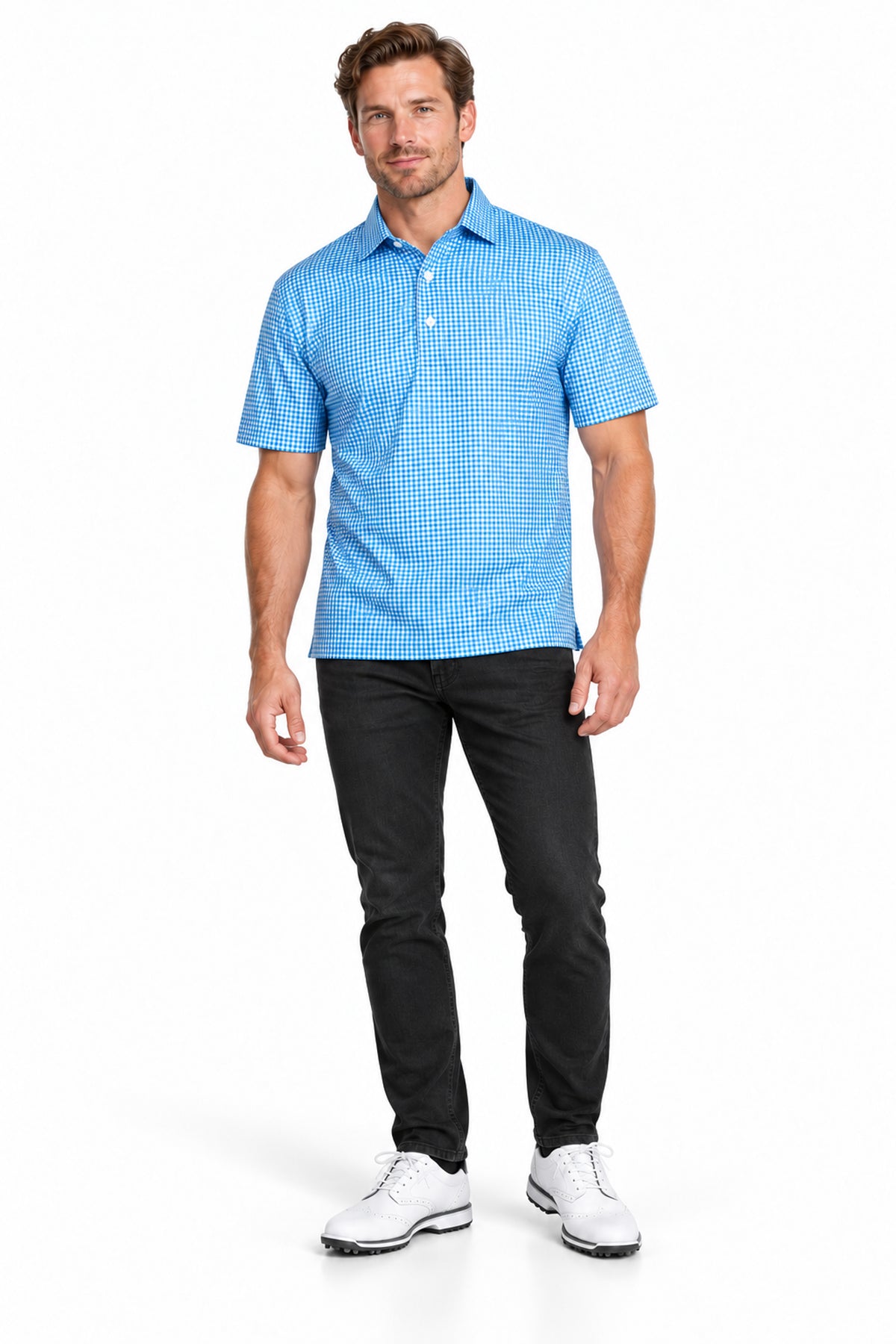 Mens Executive Collar Sky Micro Gingham Golf Polo Shirt